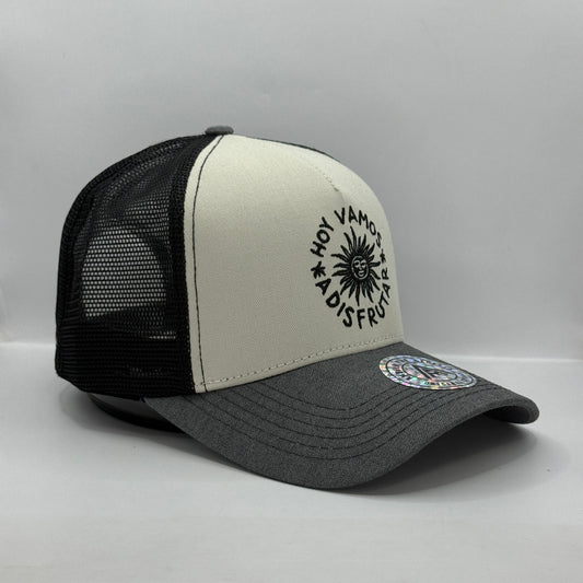 Gorra Trucker AMBULA - Edición "HOY VAMOS A DISFRUTAR" (Gris Jaspeado, Crudo & Negro)