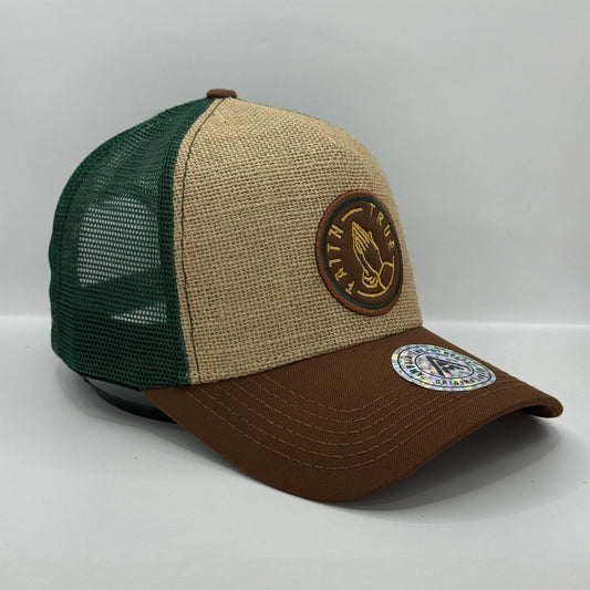 Gorra Trucker AMBULA - Edición "FAITH TRUE / ORACIÓN" (Yute/Hessian, Verde Bosque & Café)
