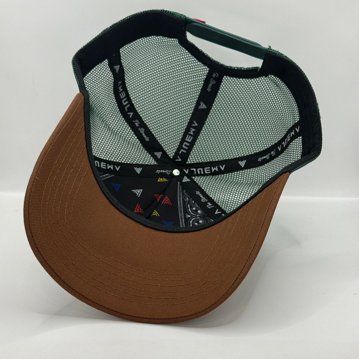 Gorra Trucker AMBULA - Edición "FAITH TRUE / ORACIÓN" (Yute/Hessian, Verde Bosque & Café)