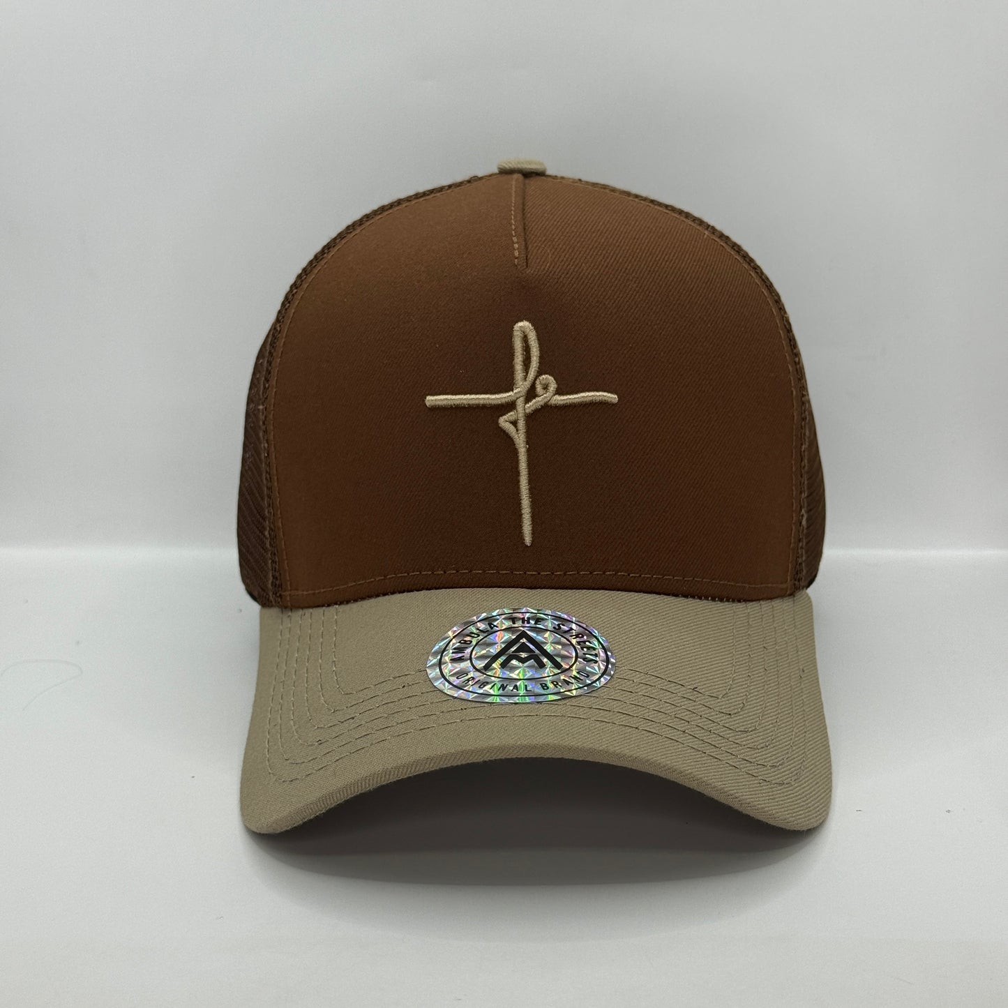 Gorra Trucker AMBULA - Edición "FE" (Marrón Oscuro & Beige)