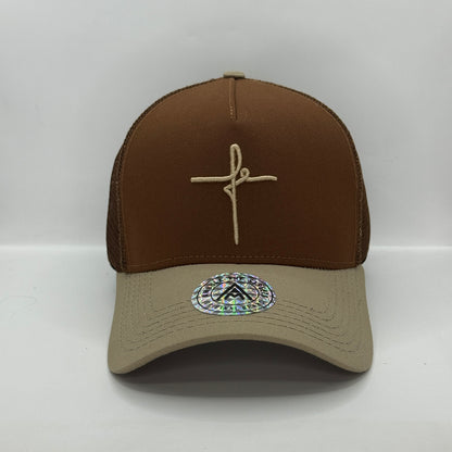 Gorra Trucker AMBULA - Edición "FE" (Marrón Oscuro & Beige)