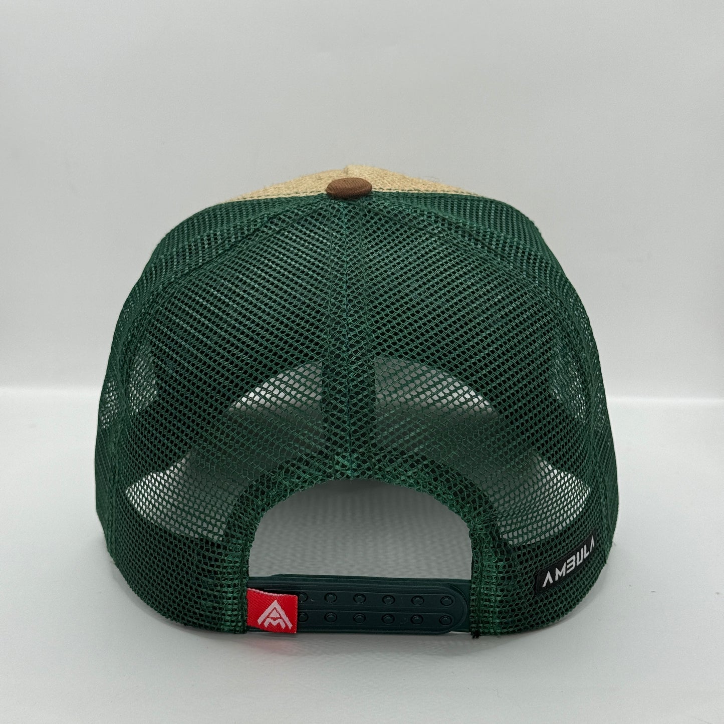 Gorra Trucker AMBULA - Edición "FAITH TRUE / ORACIÓN" (Yute/Hessian, Verde Bosque & Café)