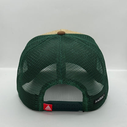Gorra Trucker AMBULA - Edición "FAITH TRUE / ORACIÓN" (Yute/Hessian, Verde Bosque & Café)