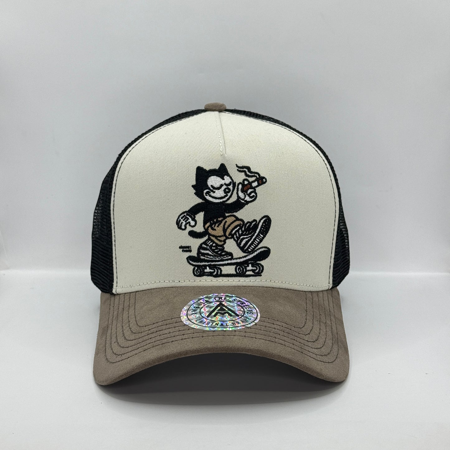Gorra Trucker AMBULA - Edición "SKATER CAT" (Crema & Gris Suede)