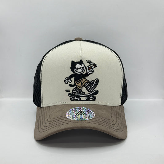 Gorra Trucker AMBULA - Edición "SKATER CAT" (Crema & Gris Suede)