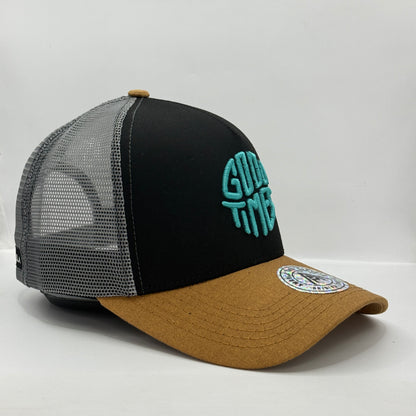 Gorra Trucker AMBULA - Edición "GOOD TIMES" (Negro, Gris Oscuro & Camel)