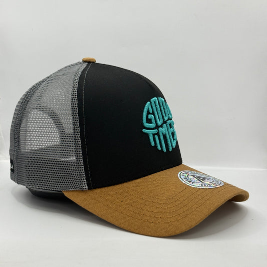 Gorra Trucker AMBULA - Edición "GOOD TIMES" (Negro, Gris Oscuro & Camel)