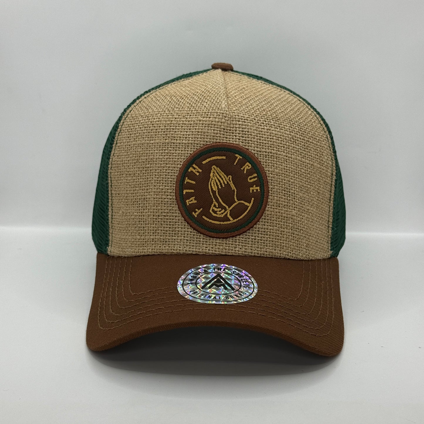 Gorra Trucker AMBULA - Edición "FAITH TRUE / ORACIÓN" (Yute/Hessian, Verde Bosque & Café)