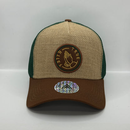 Gorra Trucker AMBULA - Edición "FAITH TRUE / ORACIÓN" (Yute/Hessian, Verde Bosque & Café)