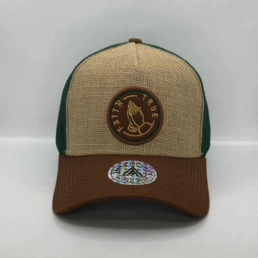 Gorra Trucker AMBULA - Edición "FAITH TRUE / ORACIÓN" (Yute/Hessian, Verde Bosque & Café)
