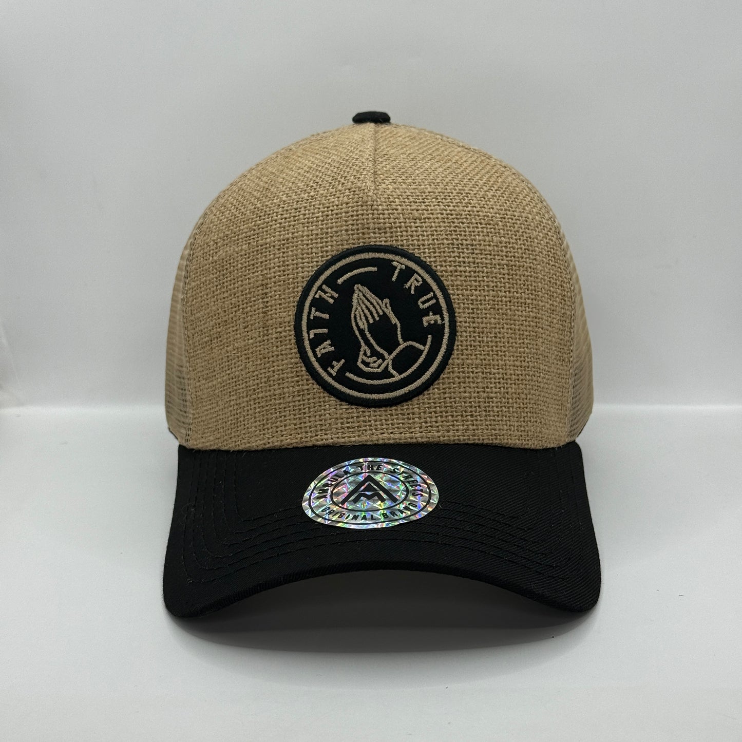 Gorra Trucker AMBULA - Edición "FAITH TRUE / ORACIÓN" (Yute/Hessian & Negro)