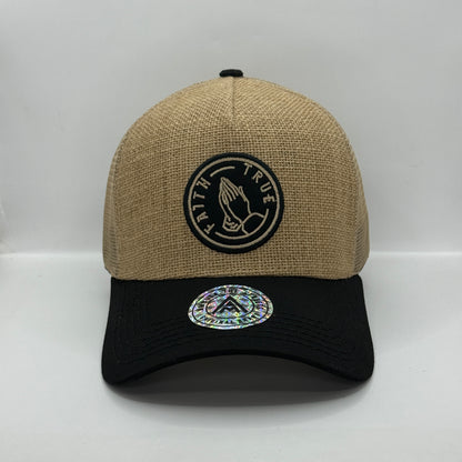 Gorra Trucker AMBULA - Edición "FAITH TRUE / ORACIÓN" (Yute/Hessian & Negro)