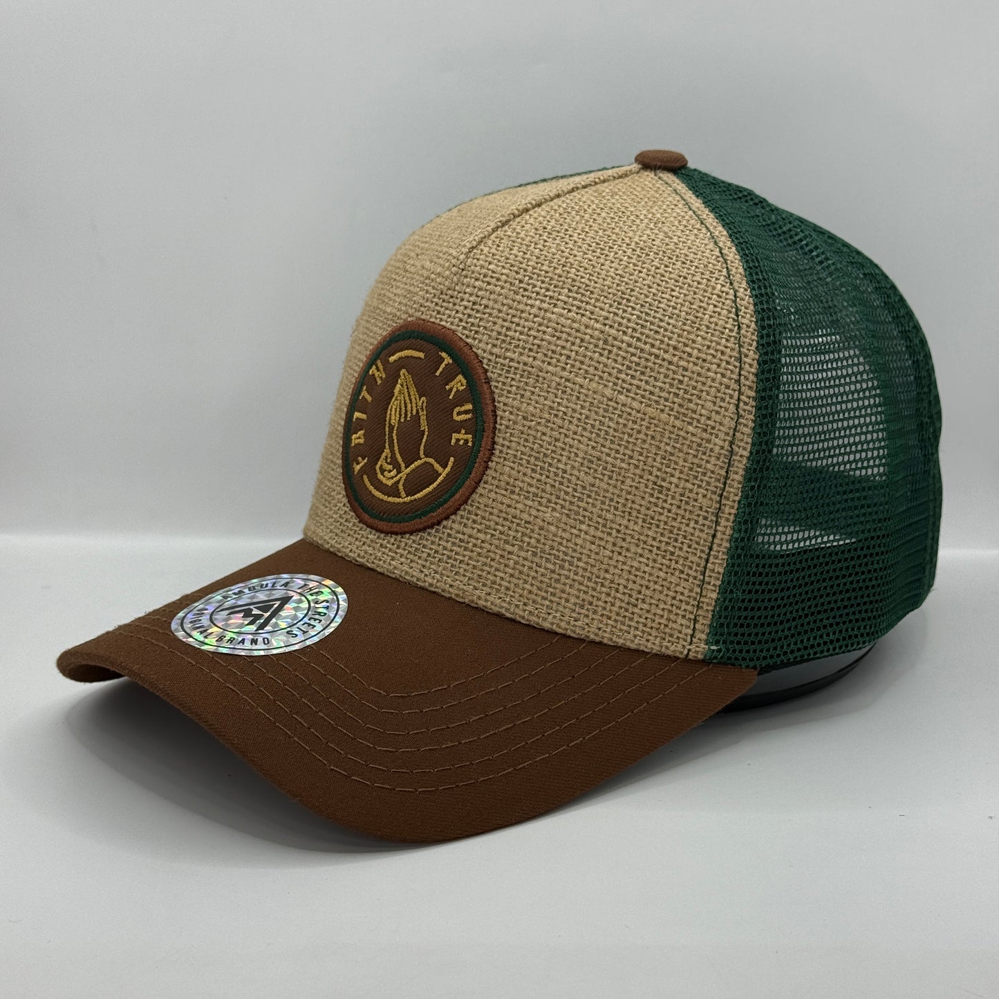 Gorra Trucker AMBULA - Edición "FAITH TRUE / ORACIÓN" (Yute/Hessian, Verde Bosque & Café)