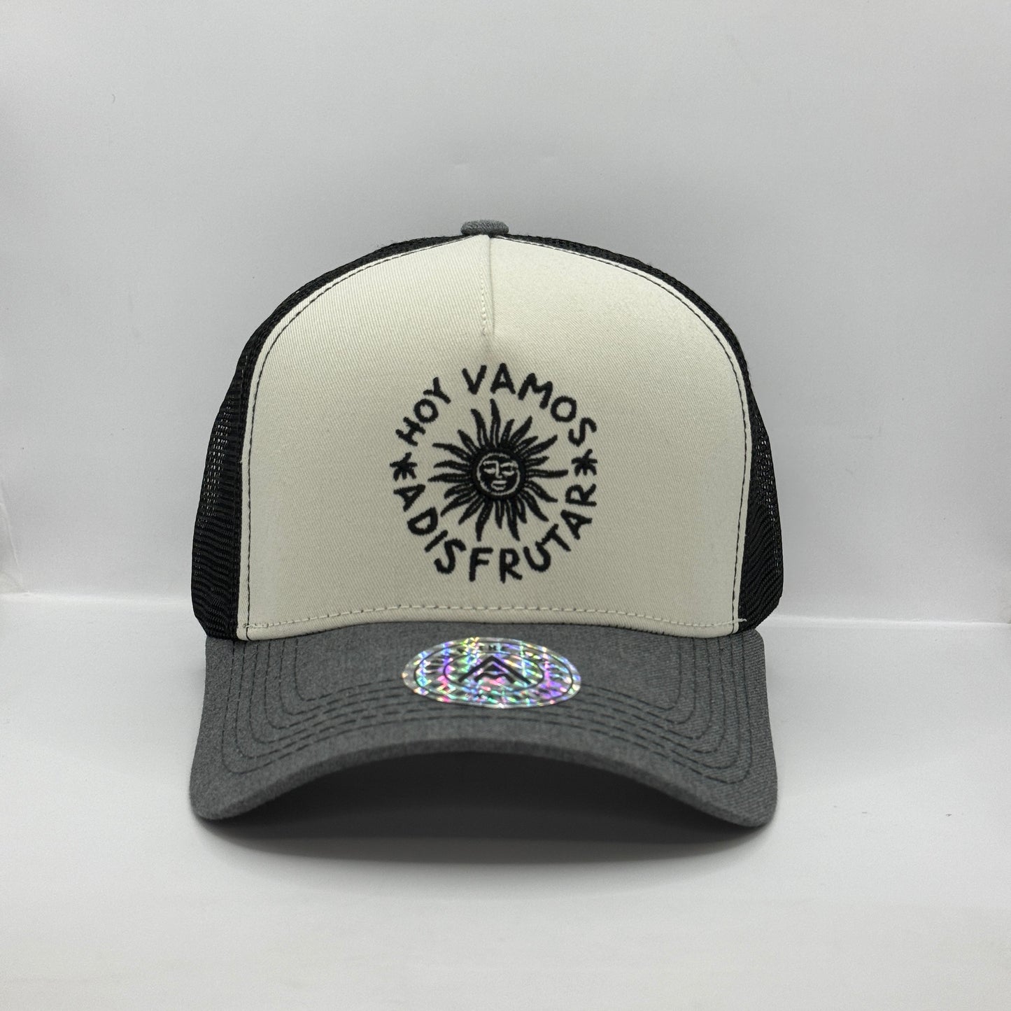 Gorra Trucker AMBULA - Edición "HOY VAMOS A DISFRUTAR" (Gris Jaspeado, Crudo & Negro)