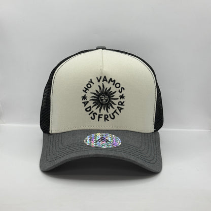 Gorra Trucker AMBULA - Edición "HOY VAMOS A DISFRUTAR" (Gris Jaspeado, Crudo & Negro)