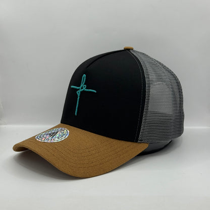 Gorra Trucker AMBULA - Edición "FE CURSIVA" (Negro, Camel & Gris)