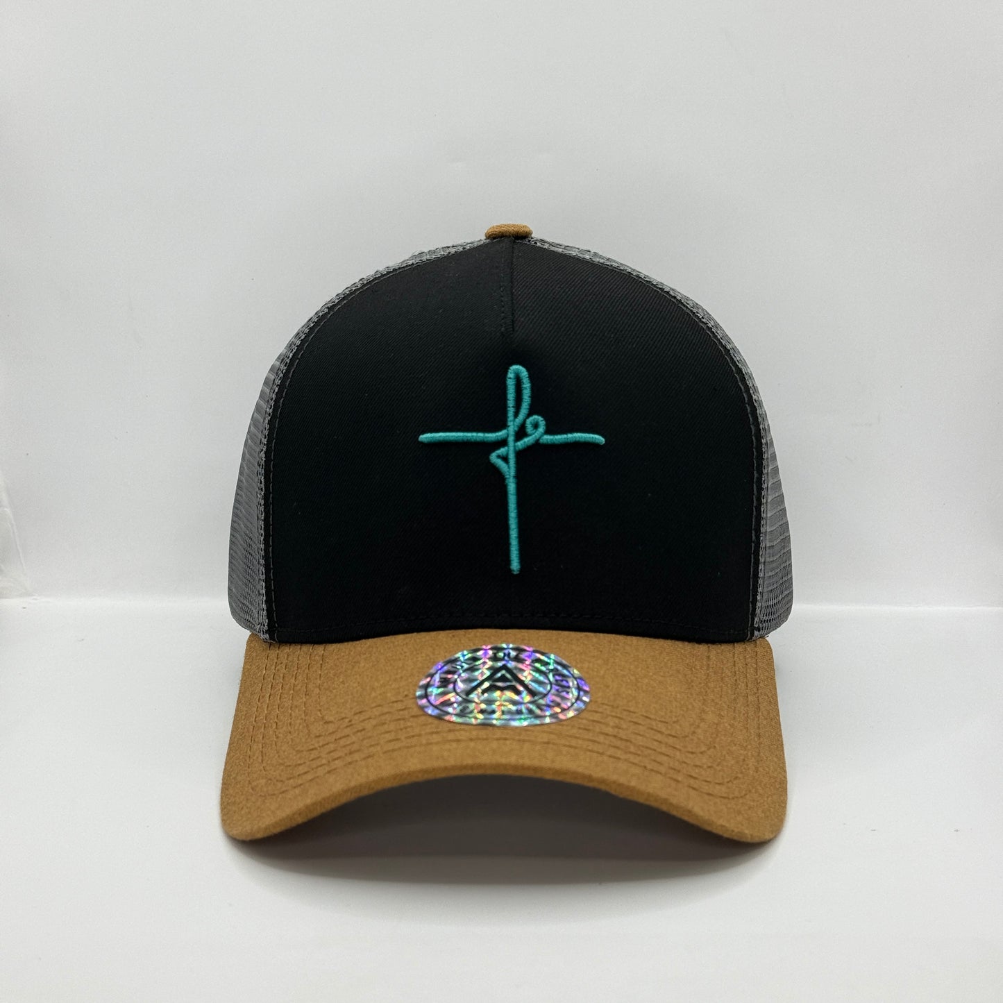 Gorra Trucker AMBULA - Edición "FE CURSIVA" (Negro, Camel & Gris)