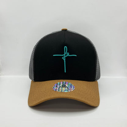 Gorra Trucker AMBULA - Edición "FE CURSIVA" (Negro, Camel & Gris)