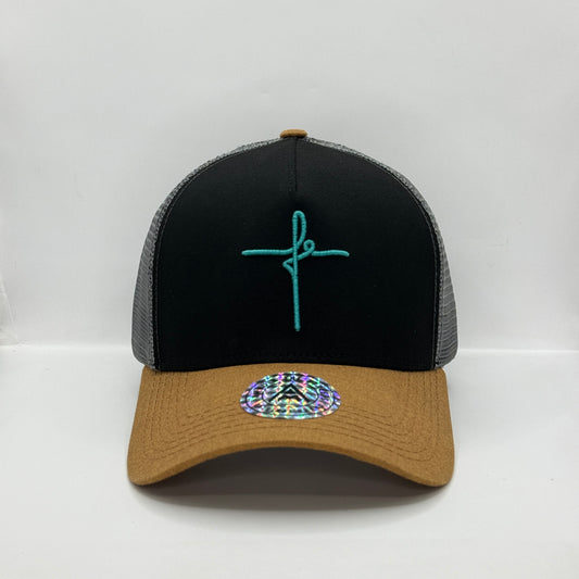 Gorra Trucker AMBULA - Edición "FE CURSIVA" (Negro, Camel & Gris)