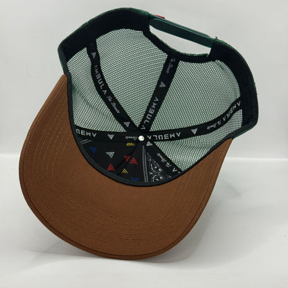 Gorra Trucker AMBULA - Edición "FAITH TRUE / ORACIÓN" (Yute/Hessian, Verde Bosque & Café)